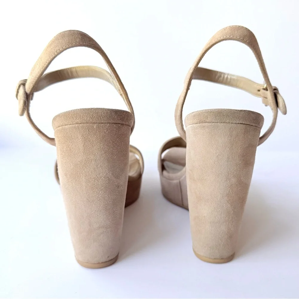 Stuart Weitzman Sundraped Tan / Beige Suede Wedge Ankle Strap Sandals 8.5